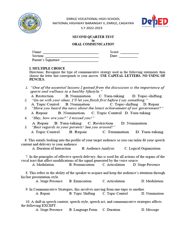 Oral Comm Summative Test | PDF | Speech | Communication