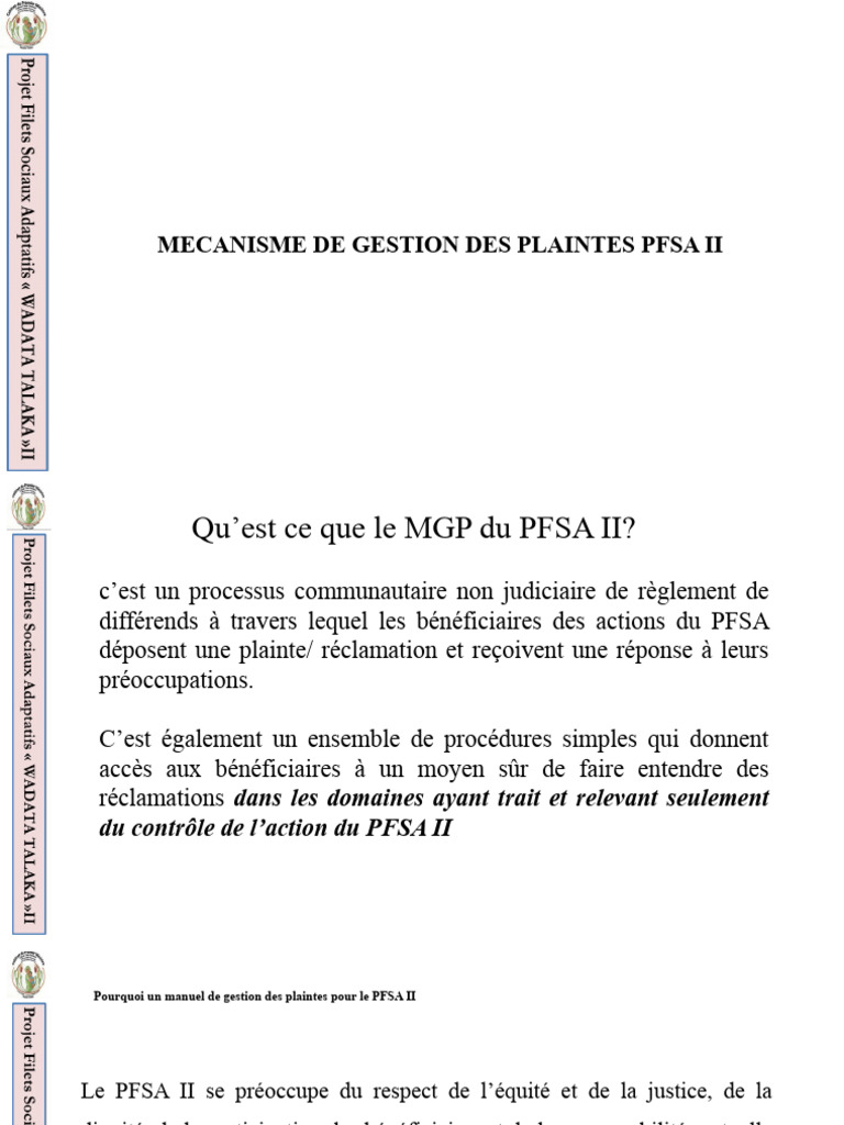 Mécanisme de Gestion des Plaintes PFSA II | PDF