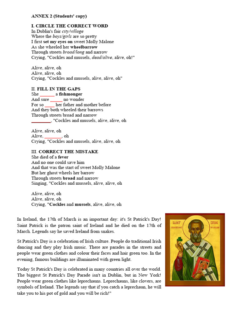 6 - ST Patrick - Annex 1 - Ss and T | PDF | Molly Malone | Saint Patrick