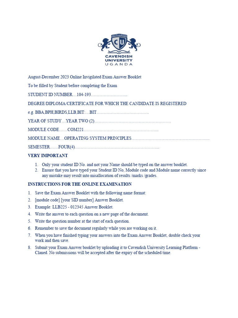 Online Exam Answer Booklet Instructions | PDF | Thread (Computing ...