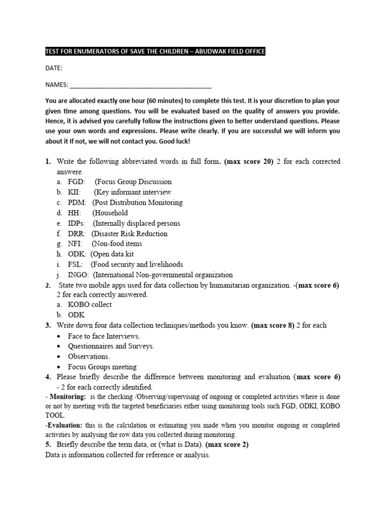 Enumerator Test Guidelines and Questions | PDF | Sampling (Statistics ...