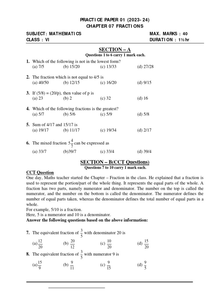Class VI Mathematics: Fractions Practice Paper | PDF | Numbers | Algebra
