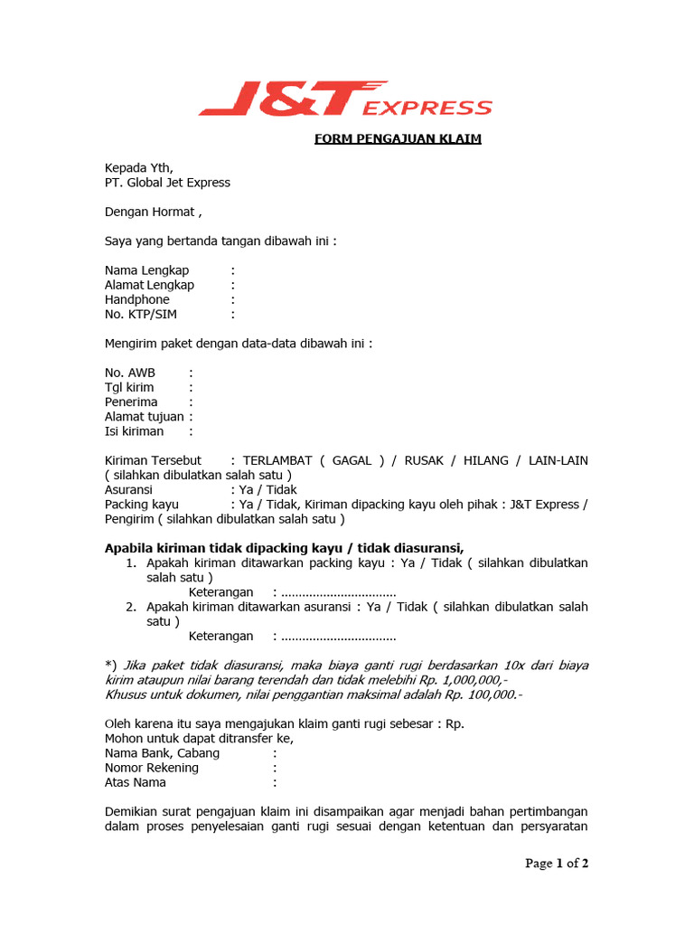 Form Pengajuan Claim Pdf
