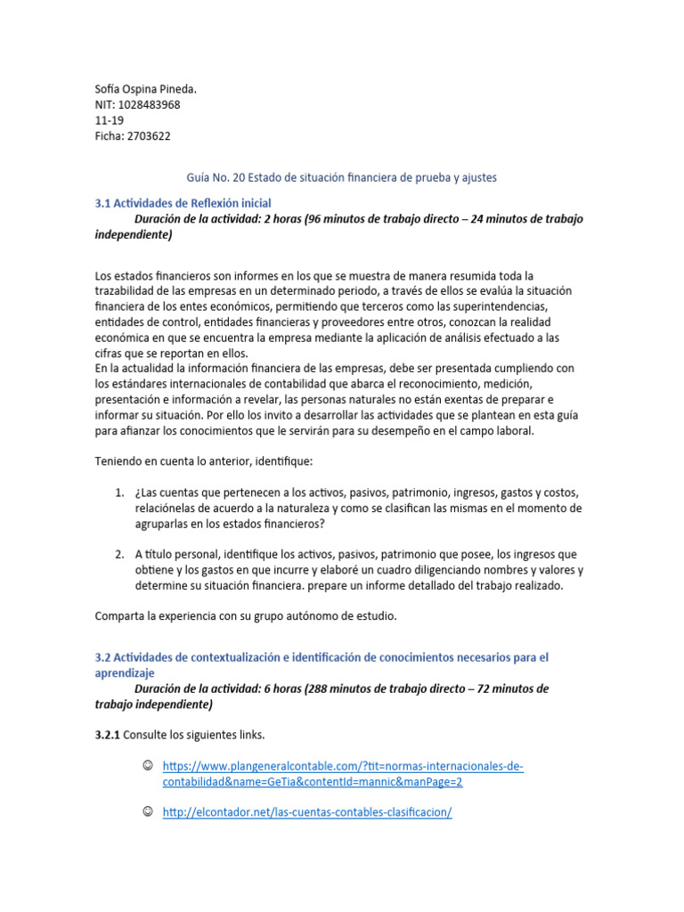 Guía No. 20 Estado de Situación Financiera de Prueba y Ajustes | PDF ...