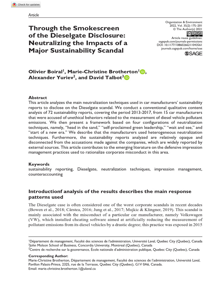 Dieselgate: Analyzing Neutralization Techniques | PDF | Qualitative ...