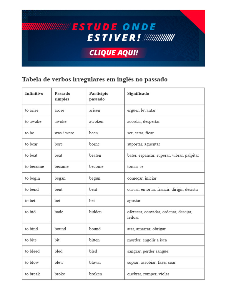 Tabela de Verbos Irregulares em Inglês | PDF