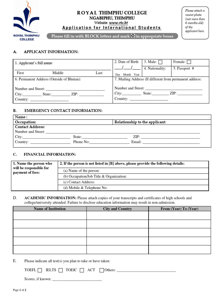 RTC International Student Application Form | PDF