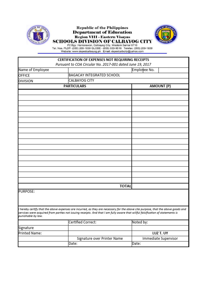 Certification of Non-Receipt Expenses | PDF