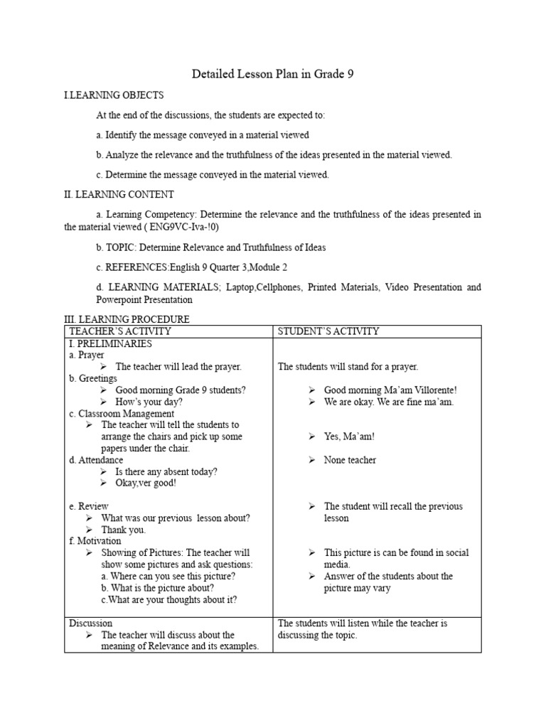Detailed Lesson Plan in Grade 9 | PDF | Teachers | Lesson Plan
