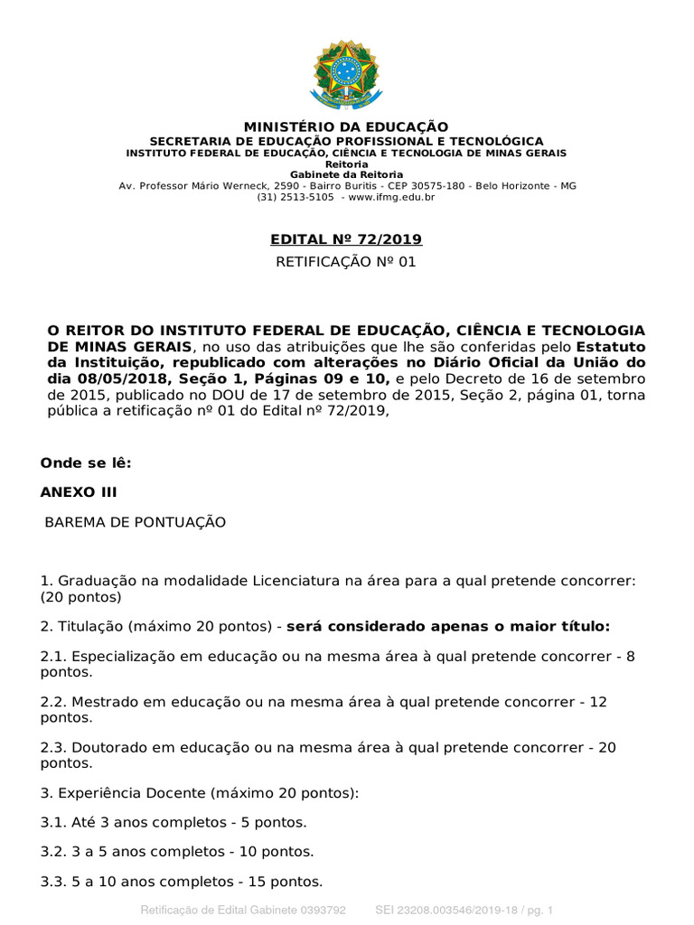 Retificação do Edital 72/2019 IFMG | PDF