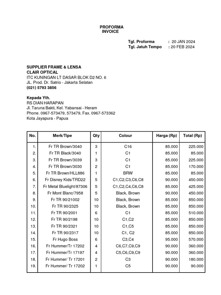 Proforma Invoice Kacamata RS Dian Harapan | PDF