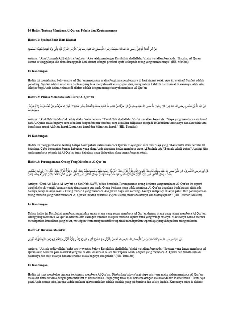 10 Hadits Keutamaan Membaca Al-Qur'an | PDF