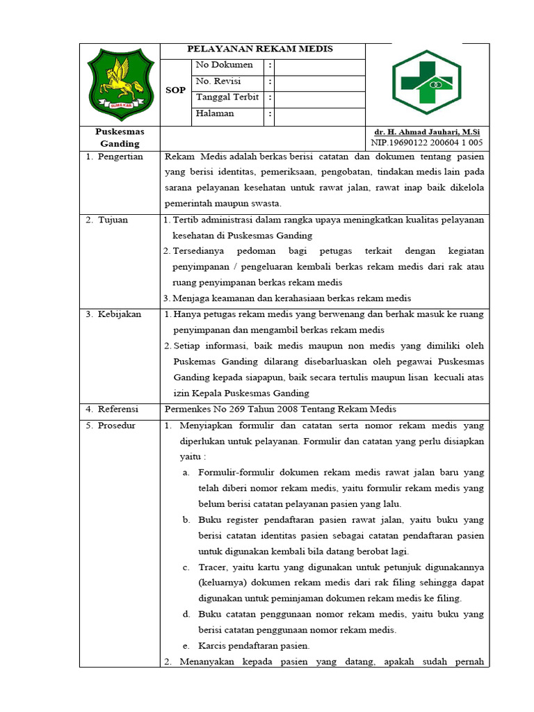 SOP Pelayanan Rekam Medis Puskesmas Ganding | PDF