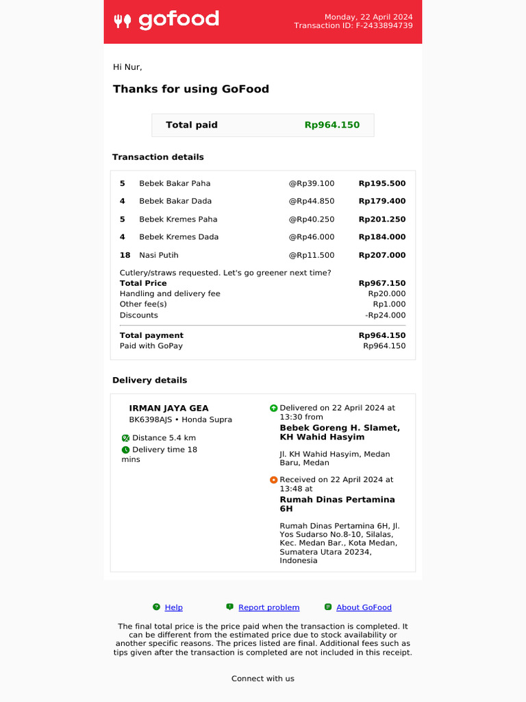 GoFood Transaction Receipt - April 2024 | PDF | Payments | Business