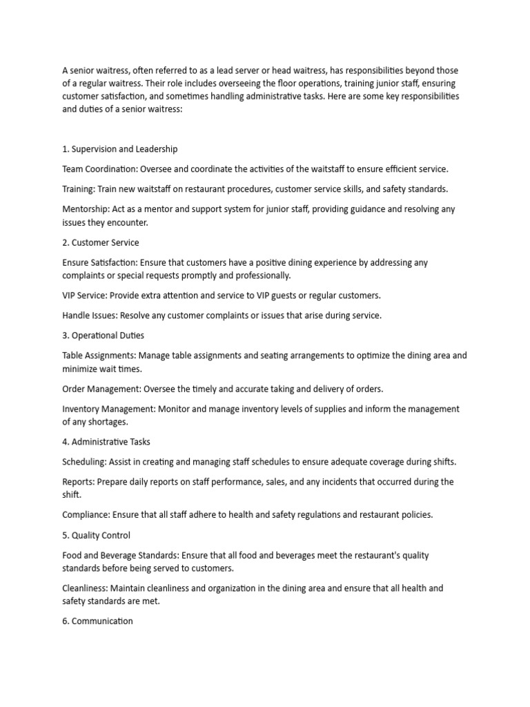 Senior Waitress Responsibilities Overview | PDF | Waiting Staff ...