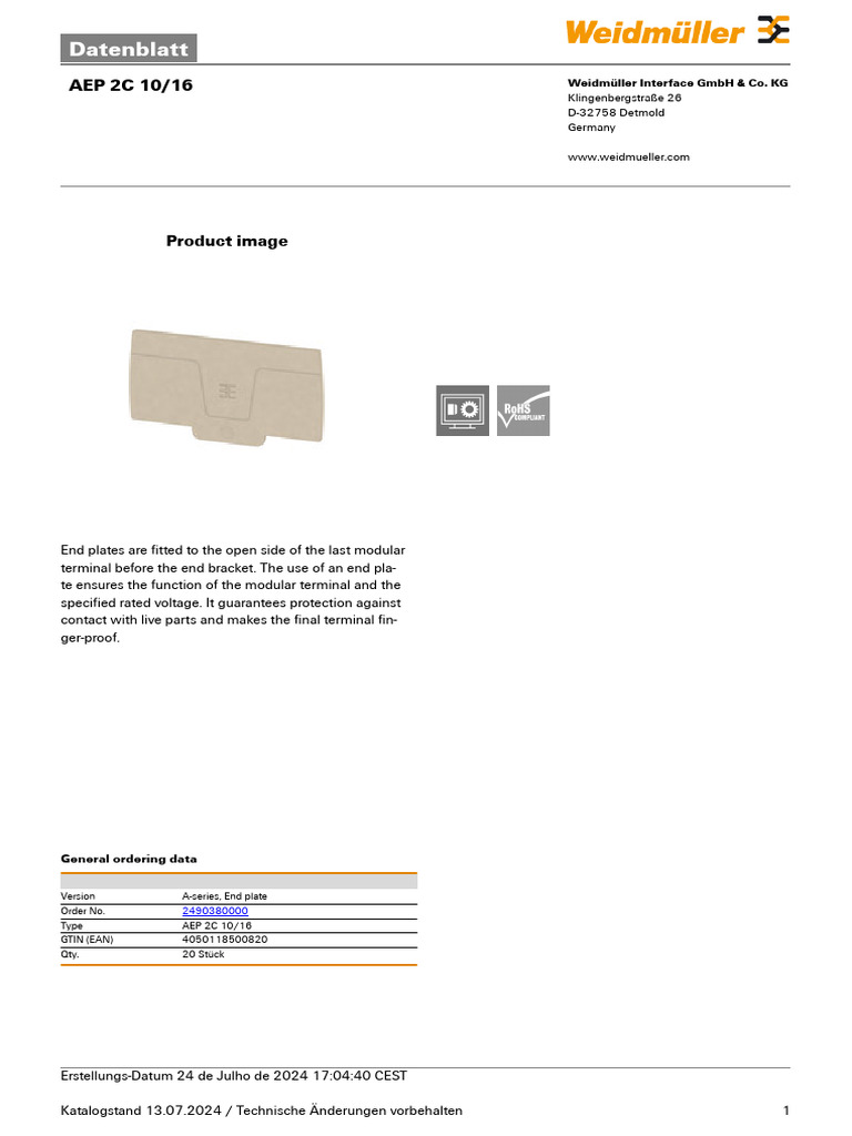 AEP 2C 10/16 End Plate Specifications | PDF