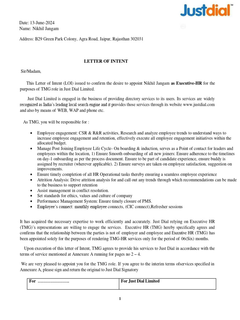 Letter of Intent for Executive HR Role | PDF | Employment | Employee ...