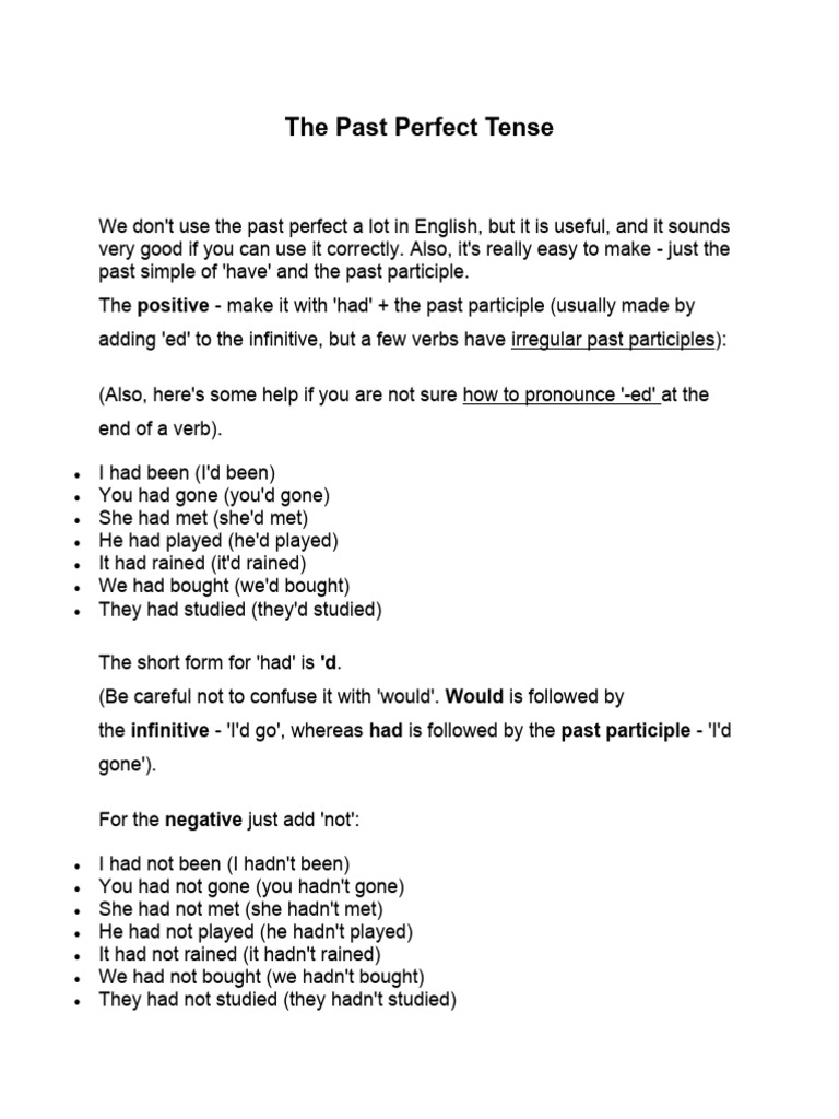 Ejercicios de Past Perfect Tense | PDF | Grammatical Tense | Perfect ...