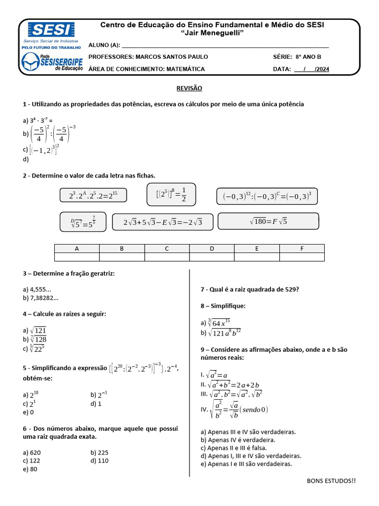 Exercícios de Matemática para 8º Ano | PDF | Raiz quadrada | Conceitos ...
