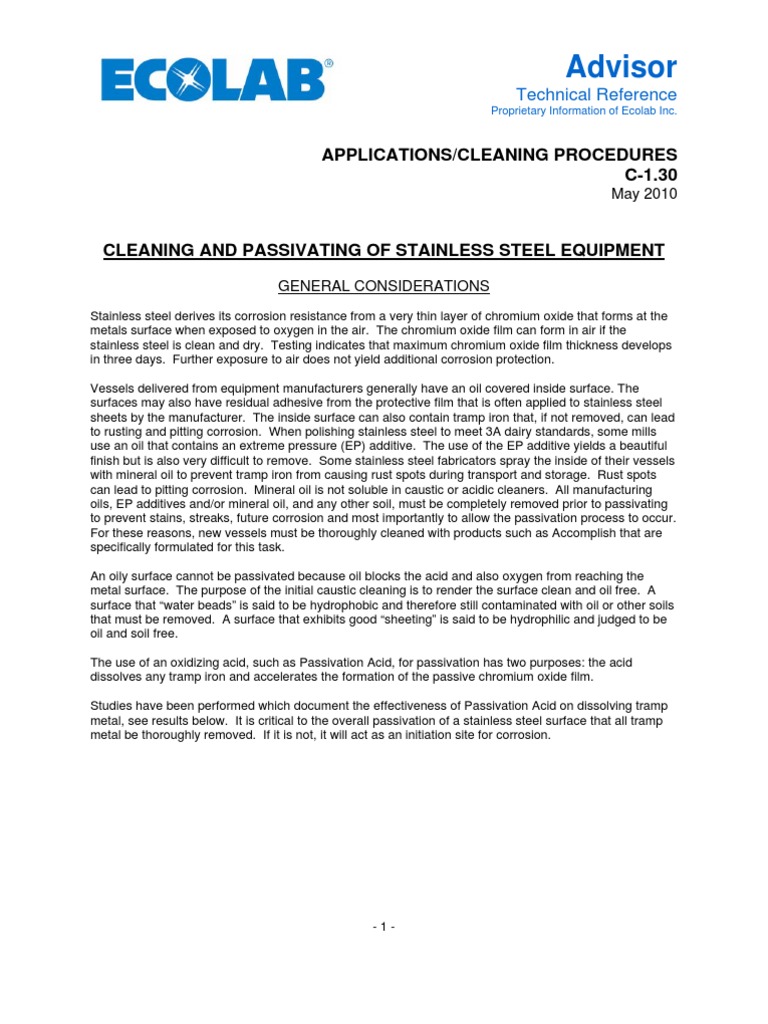 C130 Cleaning and Passivating of Stainless Steel Equipment PDF