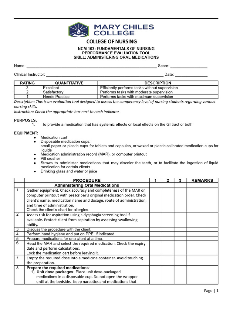 Oral Medication Administration Evaluation Tool | PDF | Tablet (Pharmacy ...