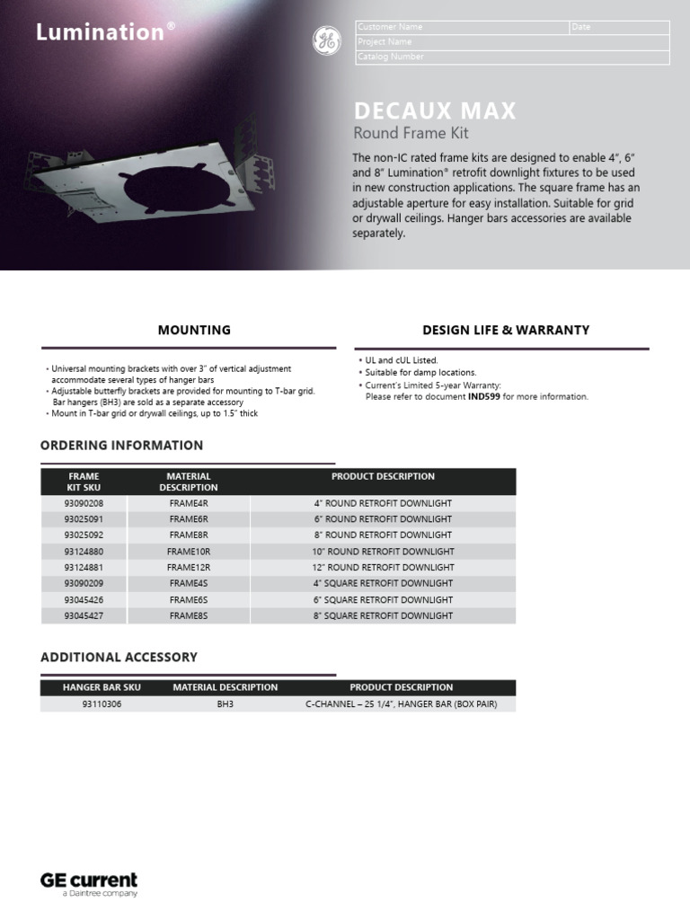 Ge Lighting Lumination Decaux Max Frame Kit Spec Sheet-1 | PDF