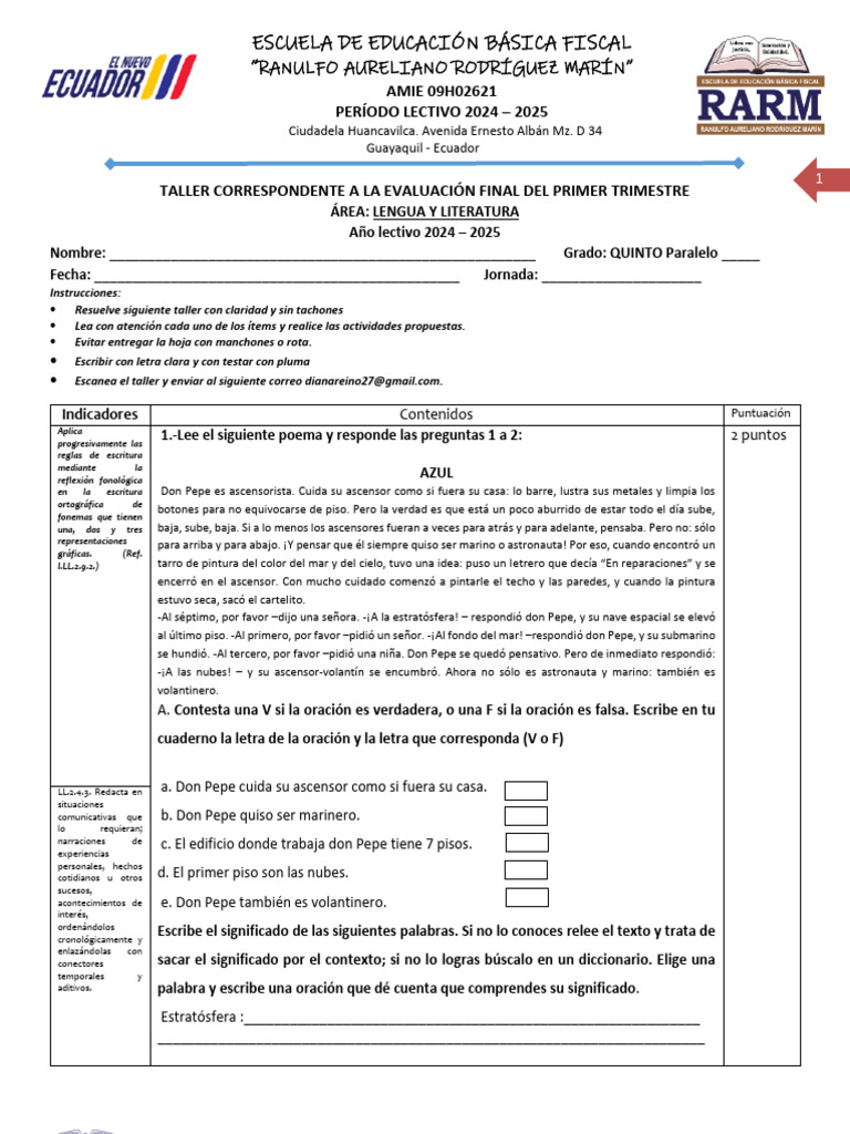 Examen de Lengua 5to Grado 2024-2025 | PDF | Ortografía | Lingüística