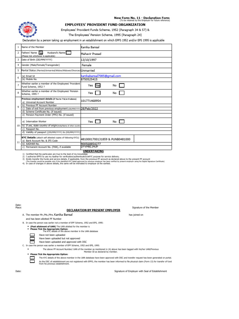 EPF Declaration Form No. 11 Guide | PDF