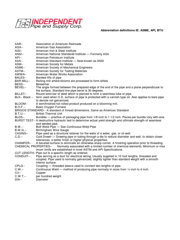 Abbreviation Definitions Pipe (Fluid Conveyance) Building Engineering