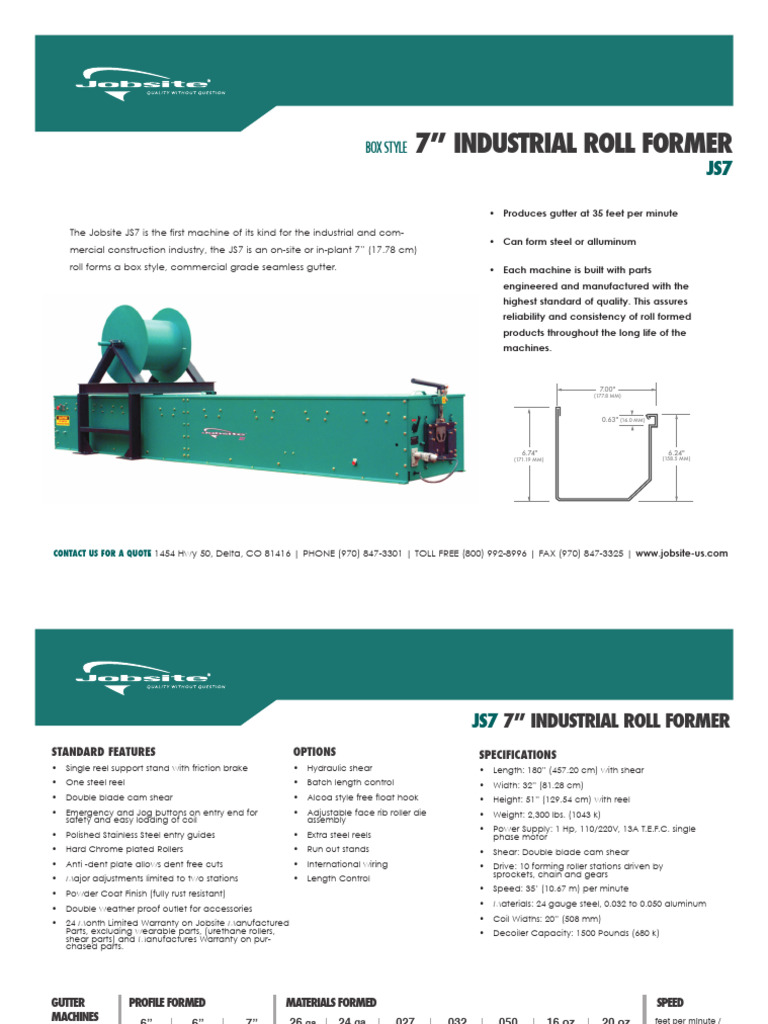 JS7 7” Roll Former Specifications | PDF | Manufactured Goods