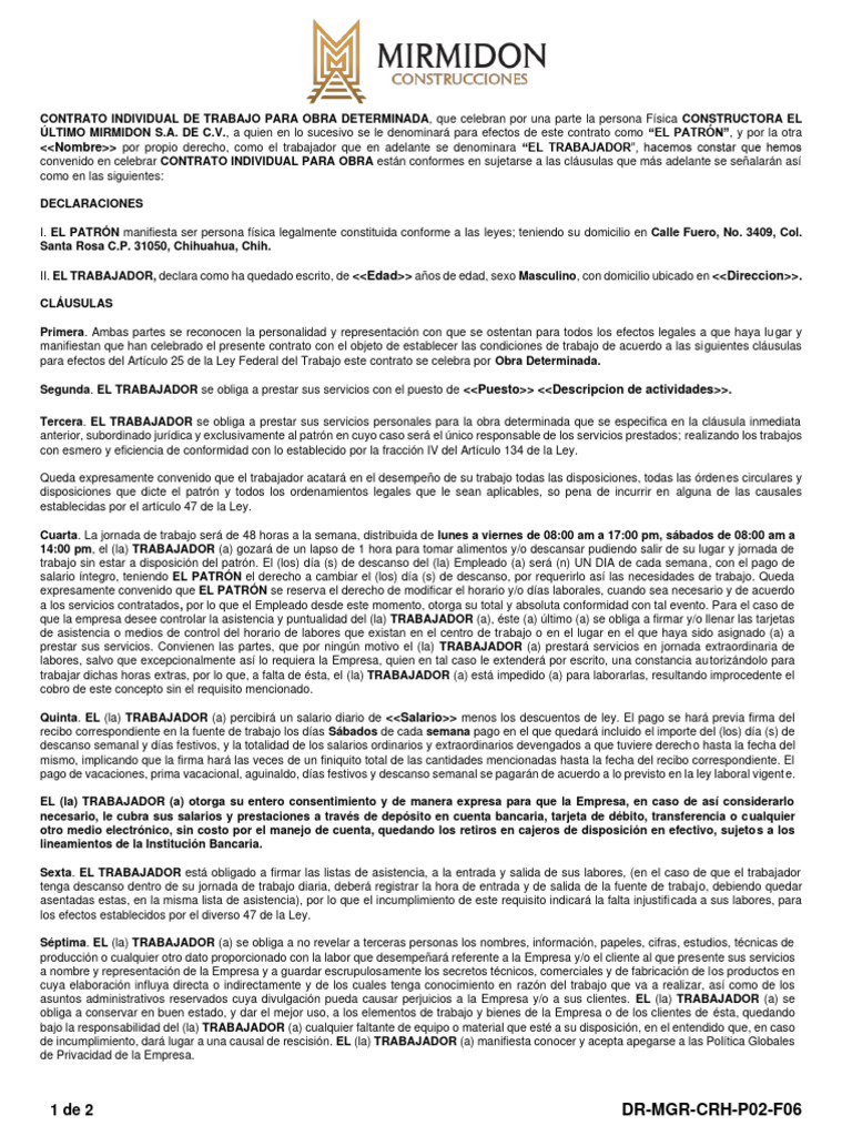 Contrato de Trabajo: Constructora Mirmidón | PDF | Tiempo de trabajo ...