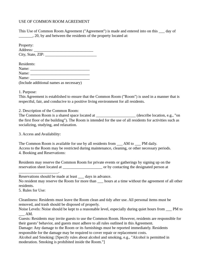 Common Room Use Agreement Template | PDF | Justice | Crime & Violence