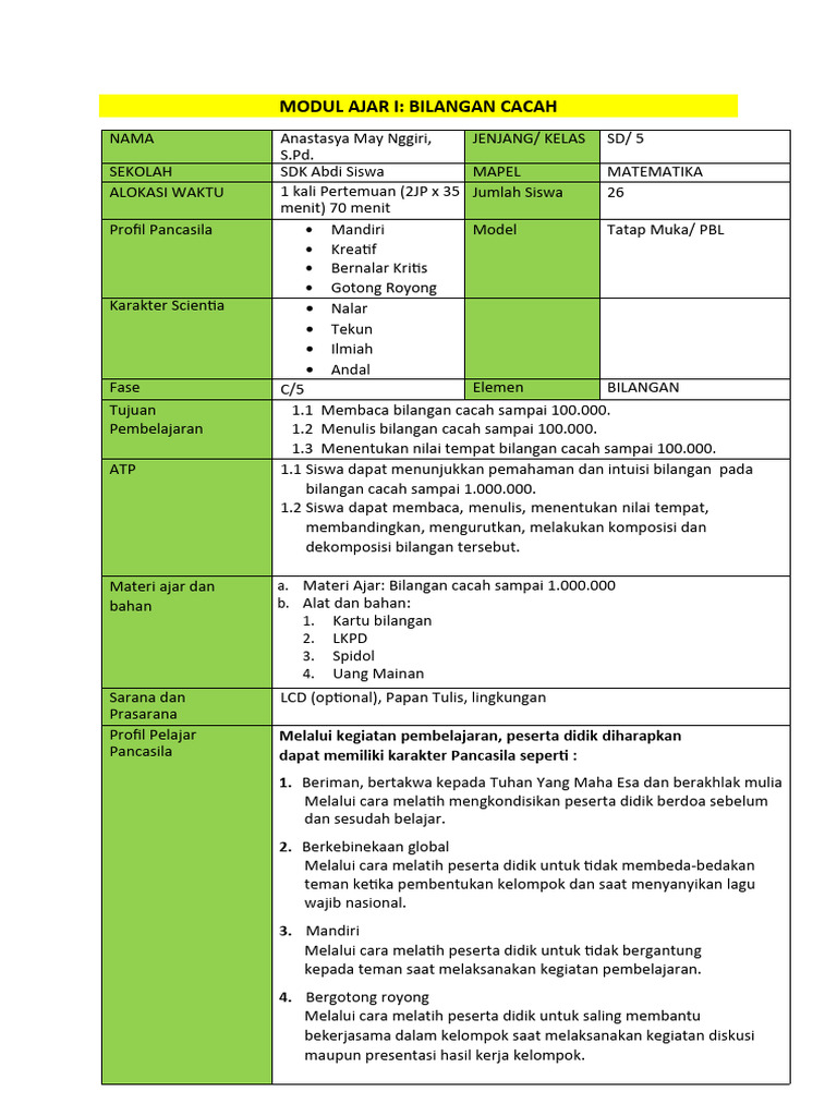 Modul Ajar Bilangan Cacah Kelas 5 | PDF