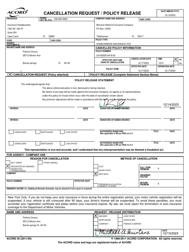 Homeowners Insurance Cancellation Form | PDF | Insurance | Vehicle ...