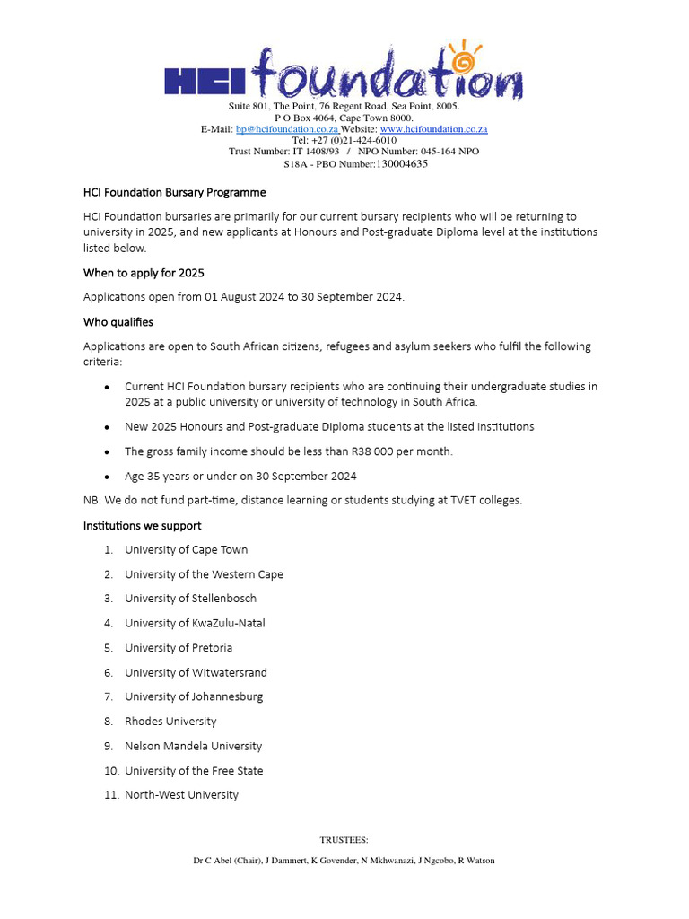 HCI Foundation Bursary Application 2025 | PDF | Doctor Of Philosophy ...