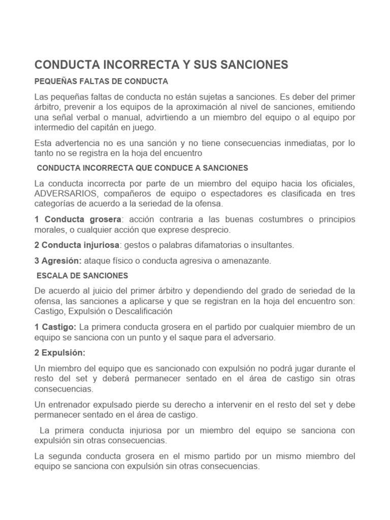 Conducta Incorrecta y Sus Sanciones | PDF | Vóleibol | Deportes de equipo