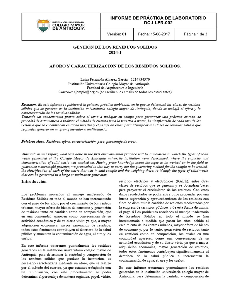 Dc-Li-Fr-002 Informe de Practica de Laboratorio Ok01 | PDF | Residuos ...