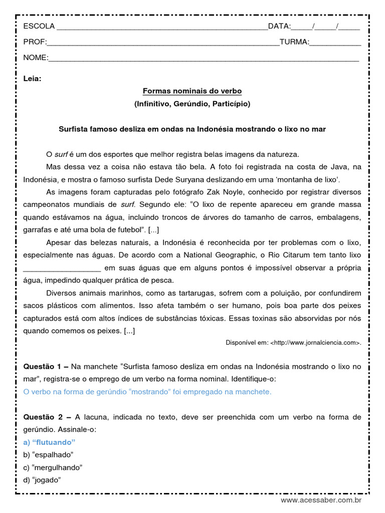 Atividades sobre Verbos: Infinitivo, Gerúndio e Particípio | PDF ...