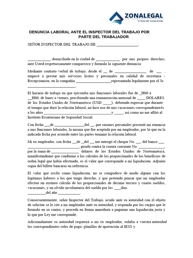 Denuncia Laboral Ante El Inspector Del Trabajo Por Parte Del Trabajador ...