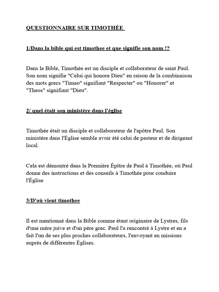 Questionnaire sur Timothée dans la Bible | PDF | Timothée d'Éphèse ...