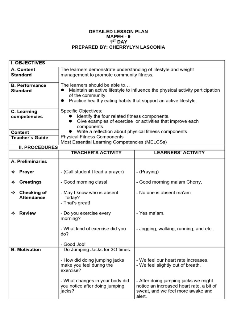 MAPEH 9: Fitness Lesson Plan Overview | PDF | Physical Fitness | Learning