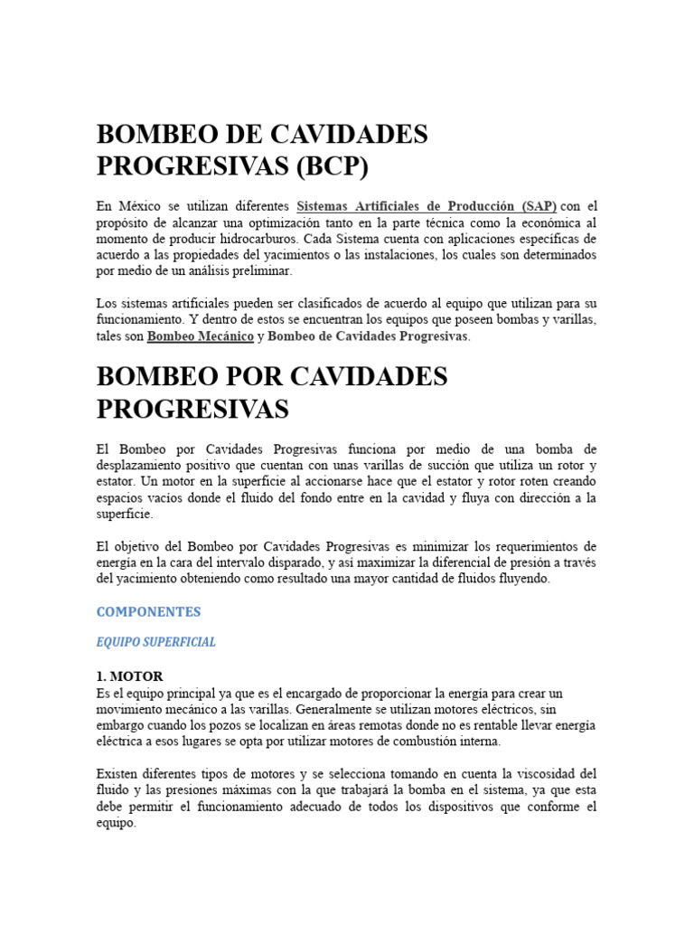 Bombeo de Cavidades Progresivas (BCP) | PDF | Bomba | Motores