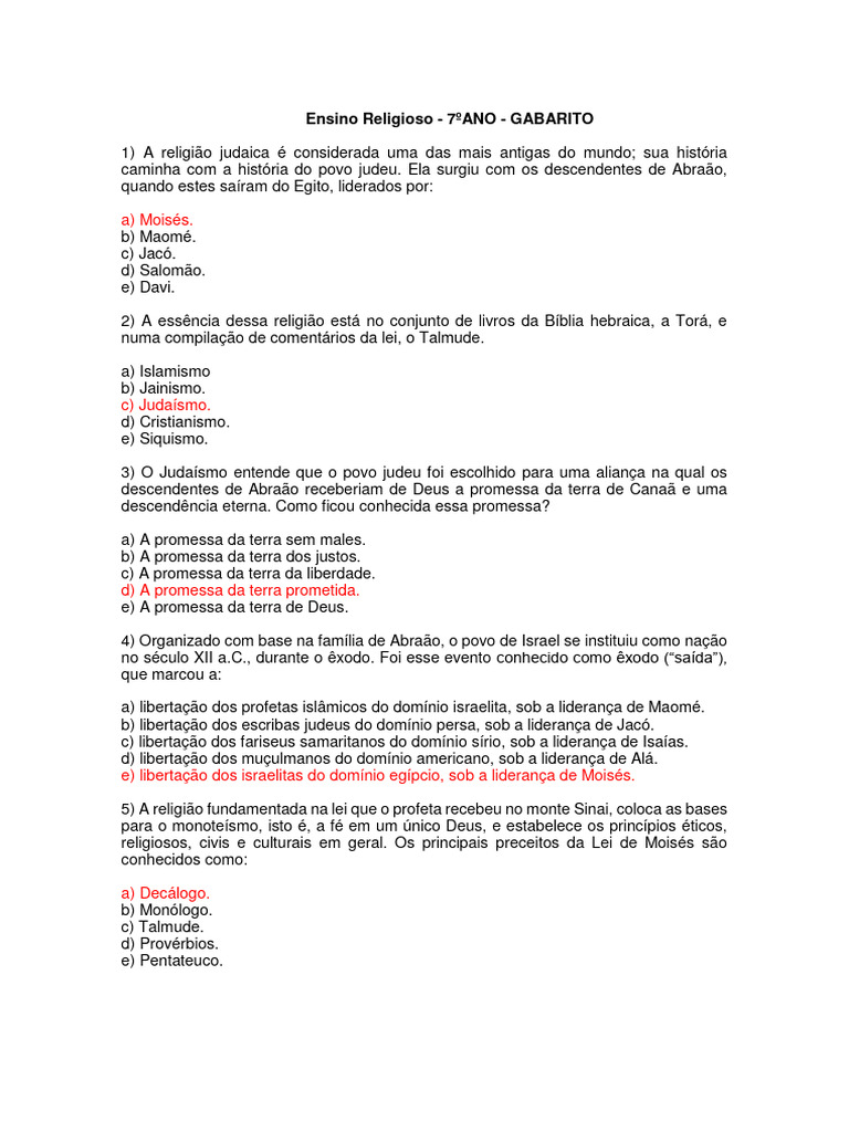 Gabarito de Ensino Religioso 7º Ano | PDF | Livro do Êxodo | Moisés