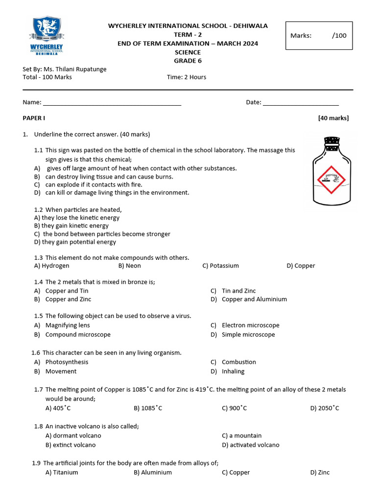 Grade 6 - Science - TT - MARCH 2024 | PDF | Metals | Copper
