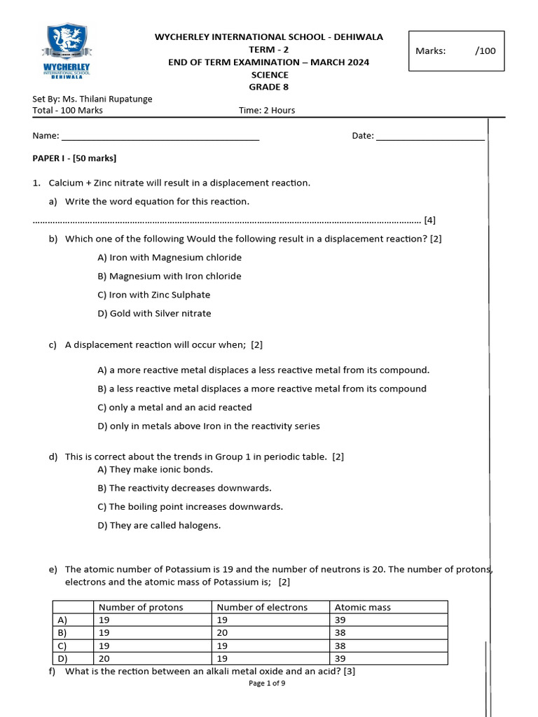 Grade 8 Science Exam Paper - March 2024 | PDF | Chemical Reactions | Ion