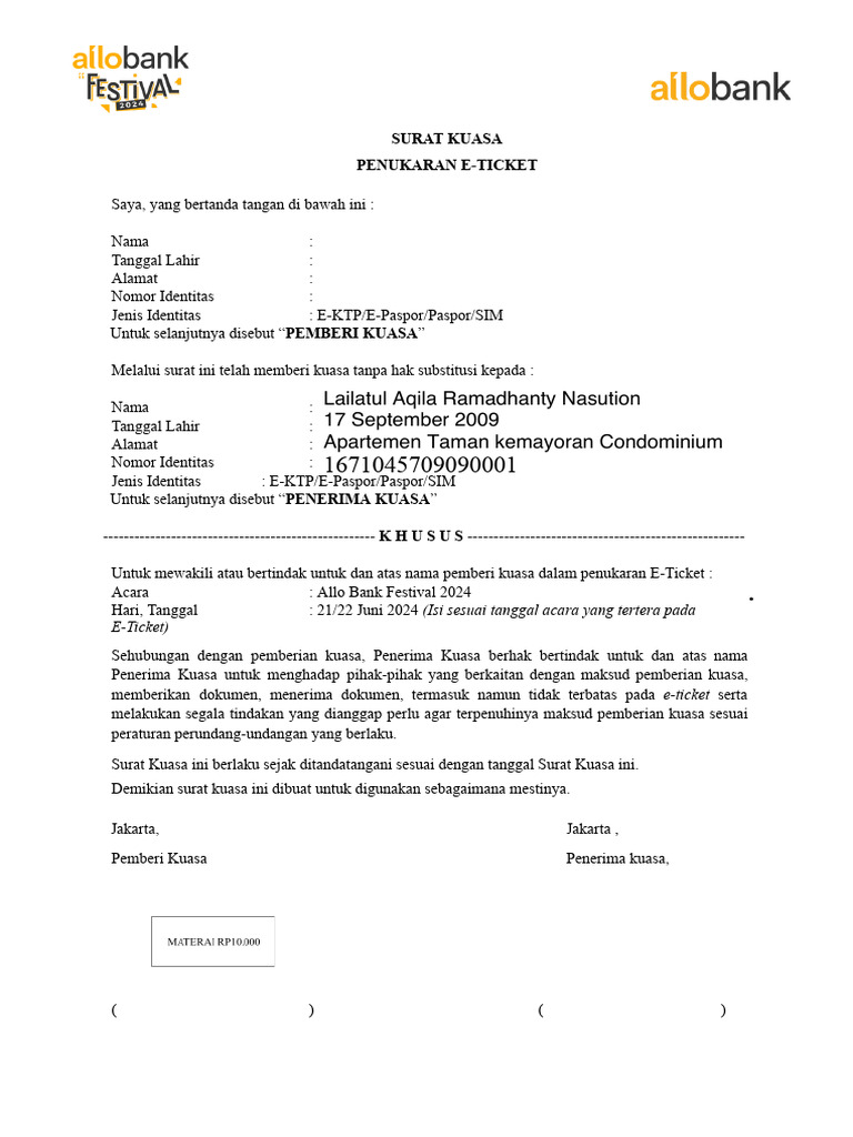 Template Surat Kuasa Allo Bank Festival 2024 | PDF