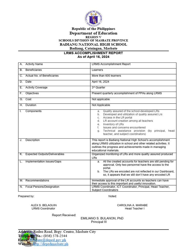 Badiang National High School LRMS Report | PDF