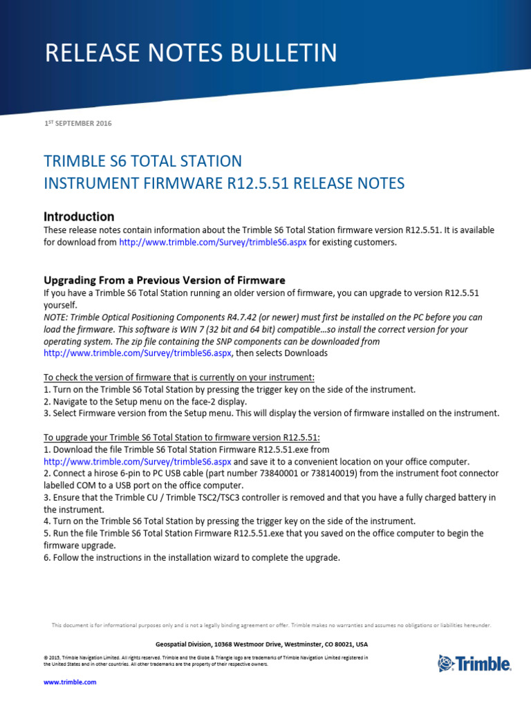 Trimble S6 Total Station Firmware R12.5.51 Release Notes | PDF ...