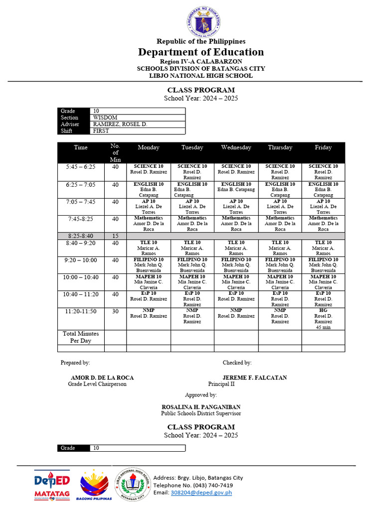 Grade 10 Class Program 2024-2025 | PDF | Public Administration ...