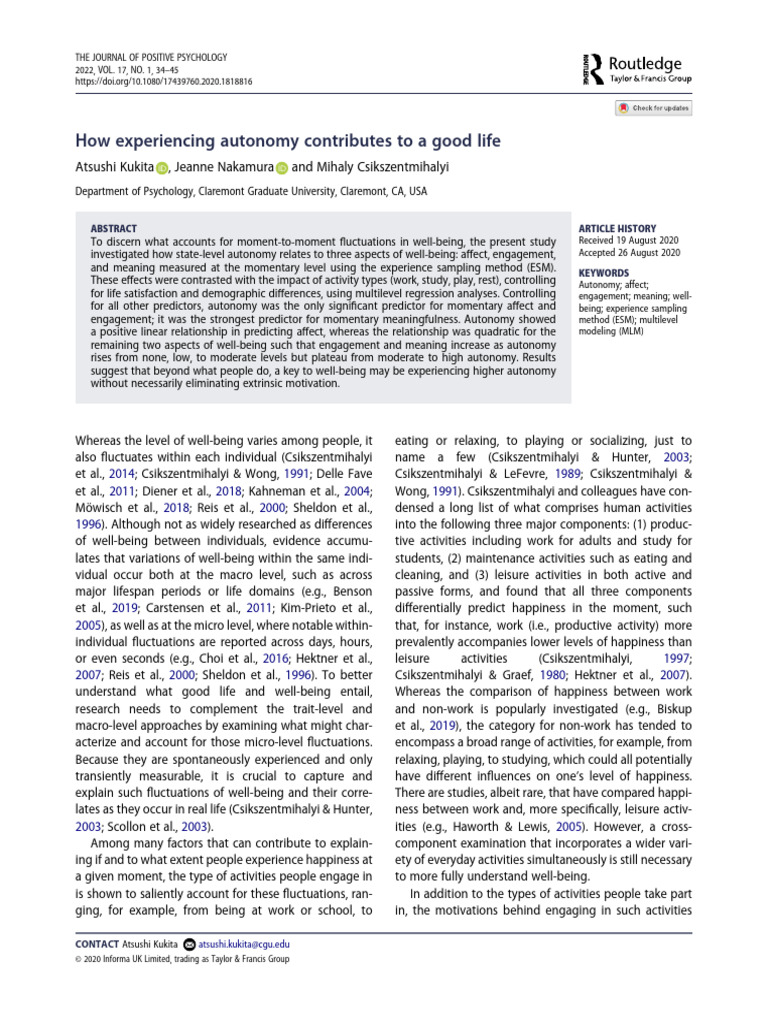 Autonomy's Role in Well-Being Fluctuations | PDF | Well Being | Motivation